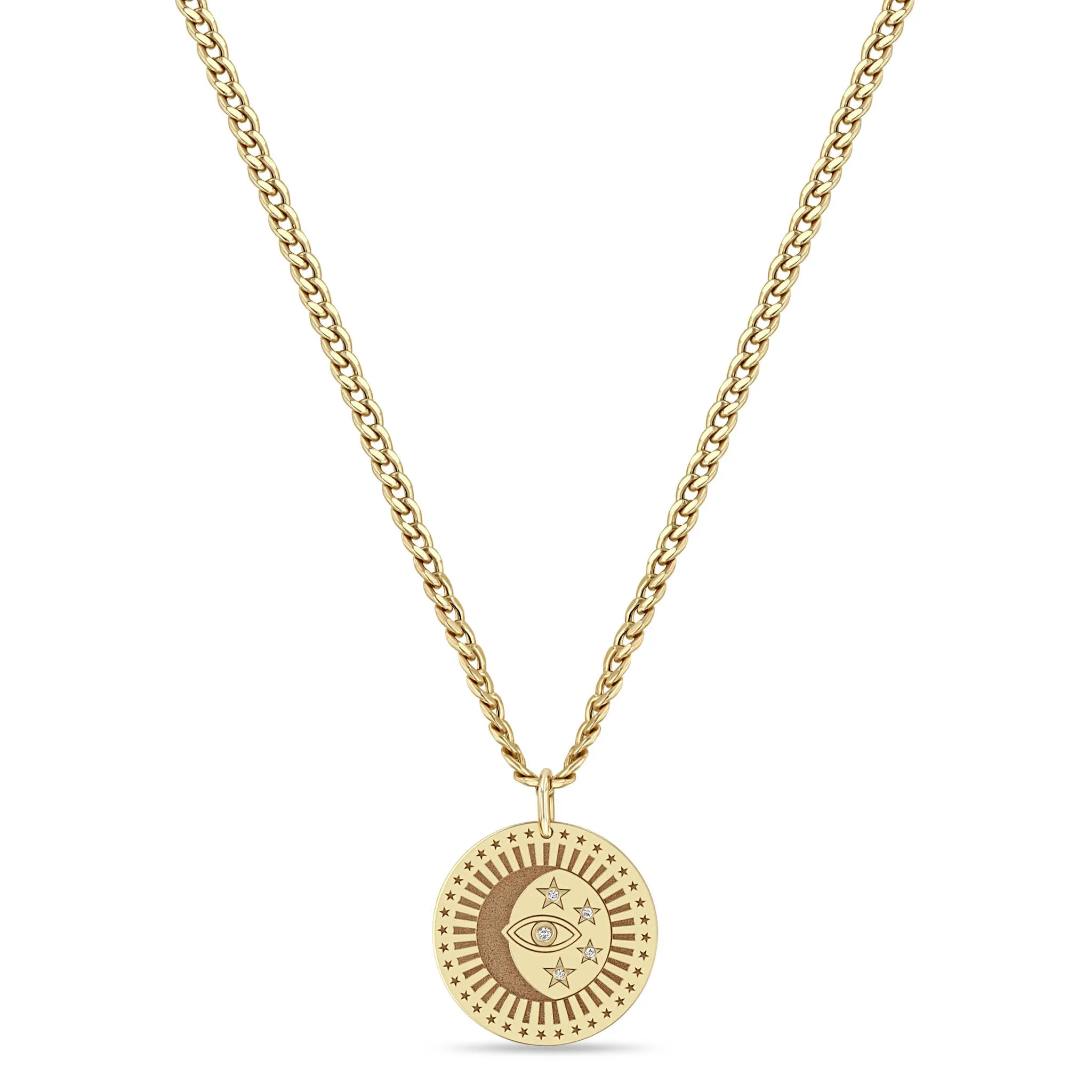 14k Medium Celestial Protection Medallion with Diamonds on Small Curb Chain