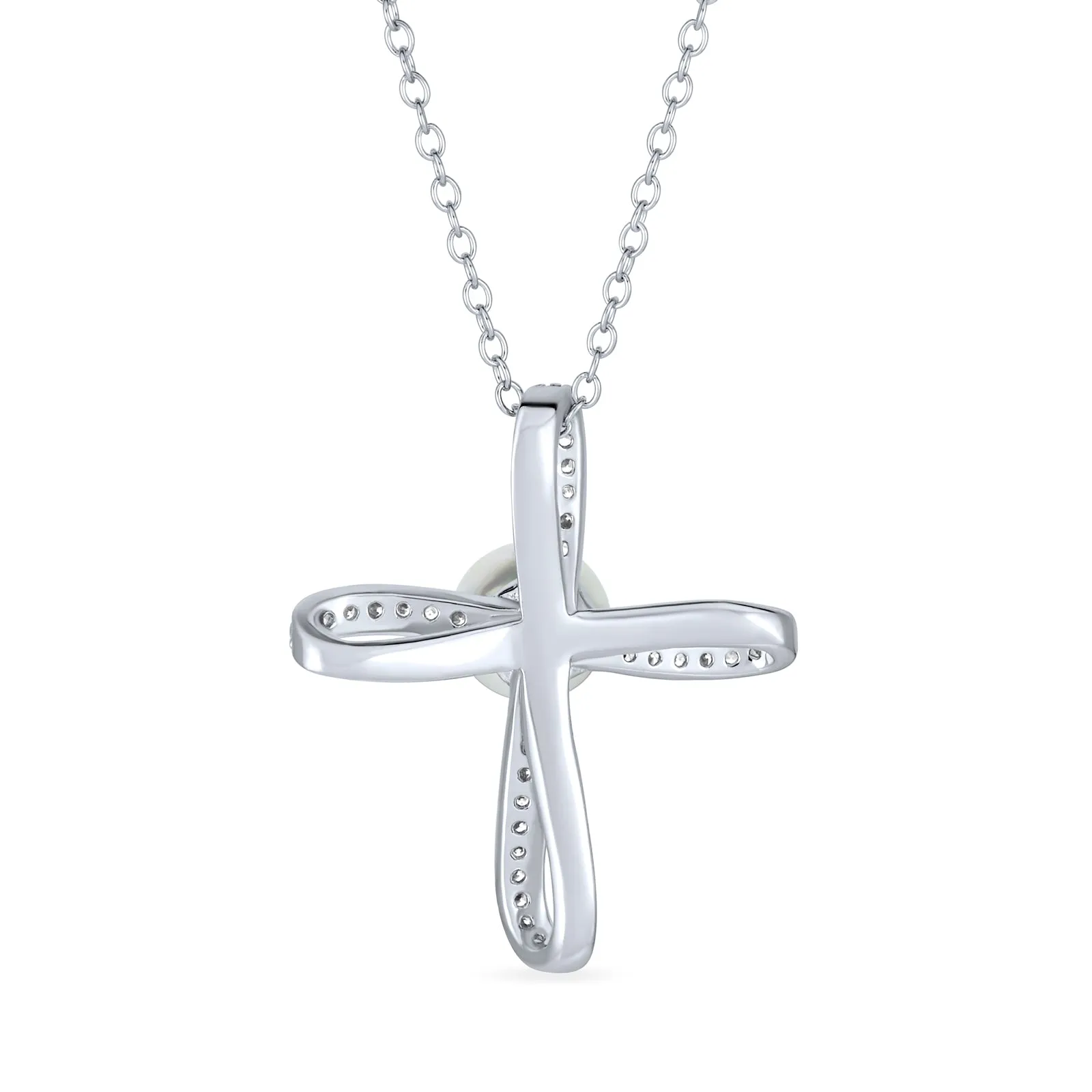 Bridal Necklace Sterling Silver Infinity Cross with Simulated White Pearl Pendant