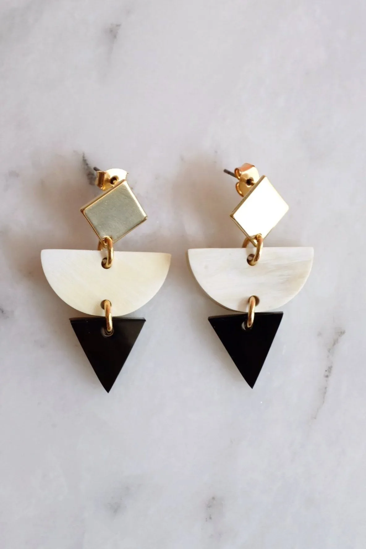 Buom 16K Gold Plated Color Block Geometric Statement Buffalo Horn Earrings