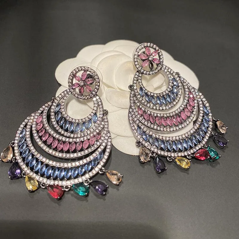 Hollow Color Large Circle Crescent Shaped Water Drop Tassel Earrings