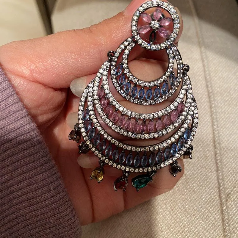 Hollow Color Large Circle Crescent Shaped Water Drop Tassel Earrings