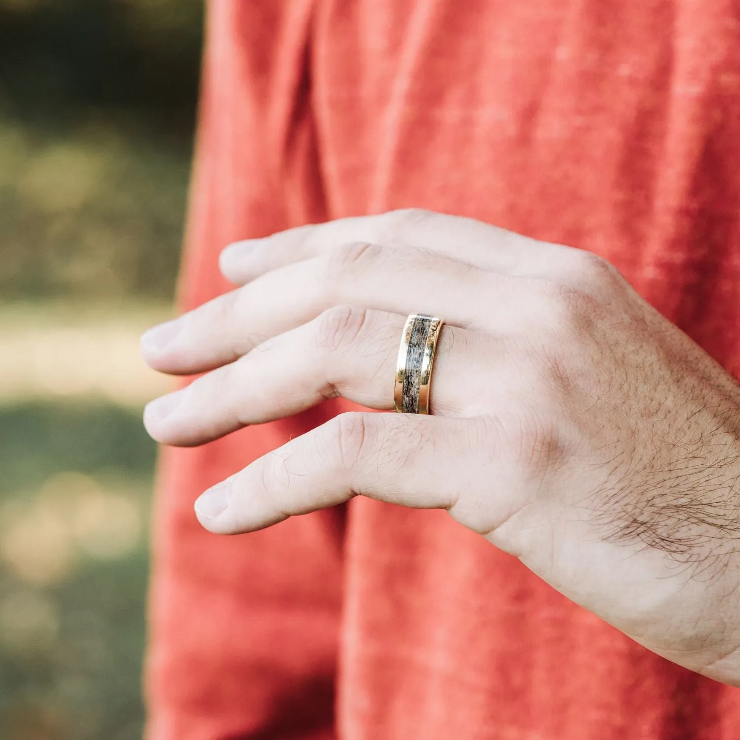 (In-Stock) The Marksman Gold | Men's 10k Yellow Gold Wedding Band with Elk Antler Inlay - Size 10.5 | 8mm Wide