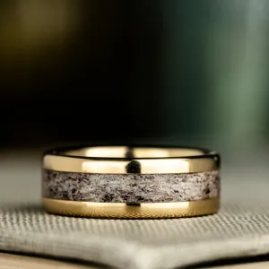 (In-Stock) The Marksman Gold | Men's 10k Yellow Gold Wedding Band with Elk Antler Inlay - Size 10.5 | 8mm Wide