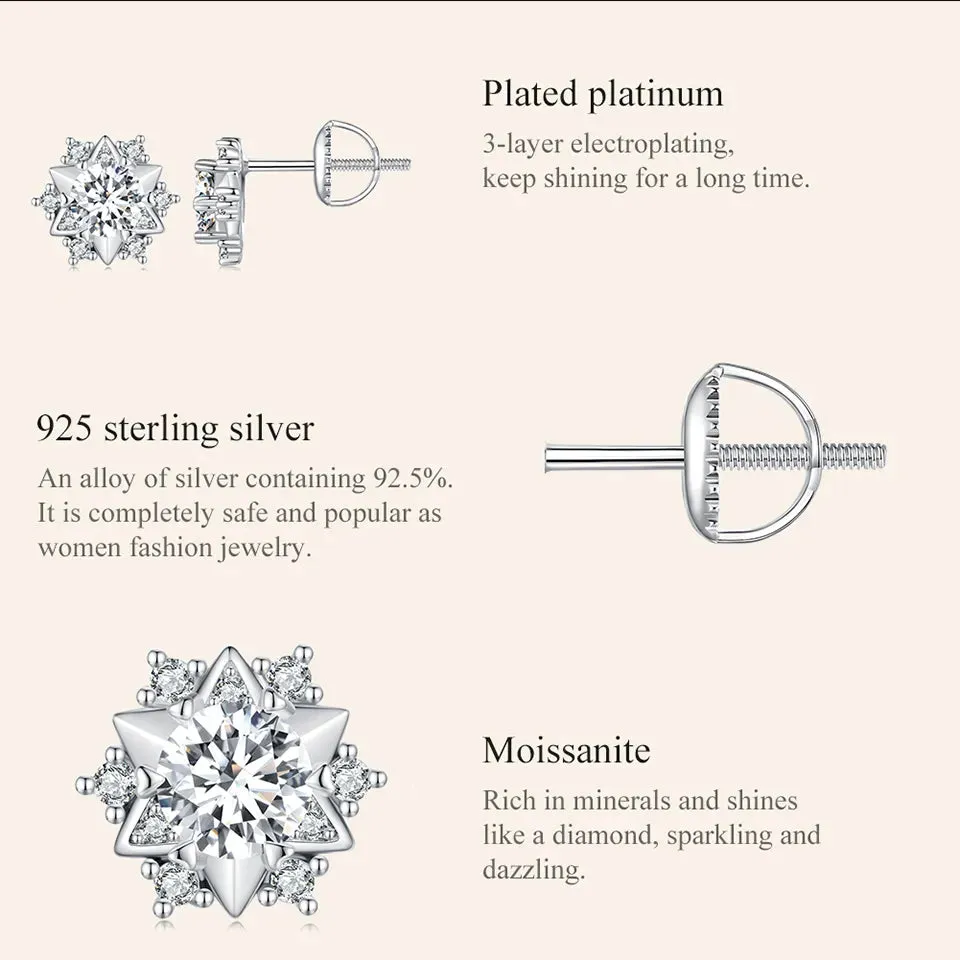 Moissanite Snowflake Stud Earrings (0.5 Carat, 925 Sterling Silver)