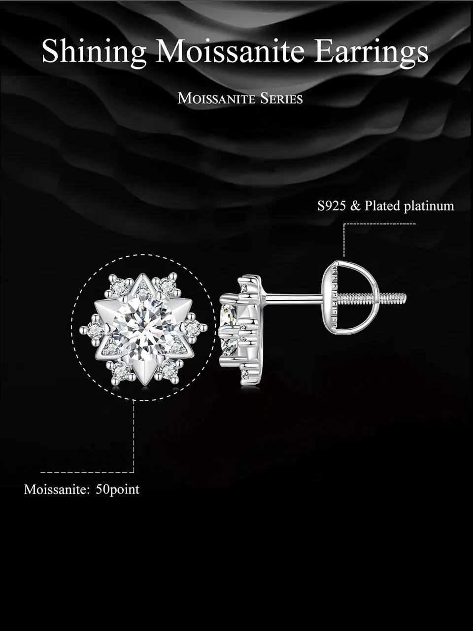 Moissanite Snowflake Stud Earrings (0.5 Carat, 925 Sterling Silver)