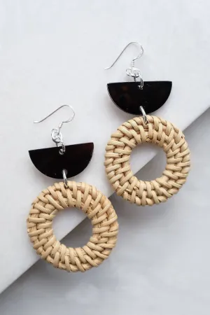 Ninh Binh Sterling Silver Rattan (Straw/Wicker) & Black Crescent Buffalo Horns Earrings