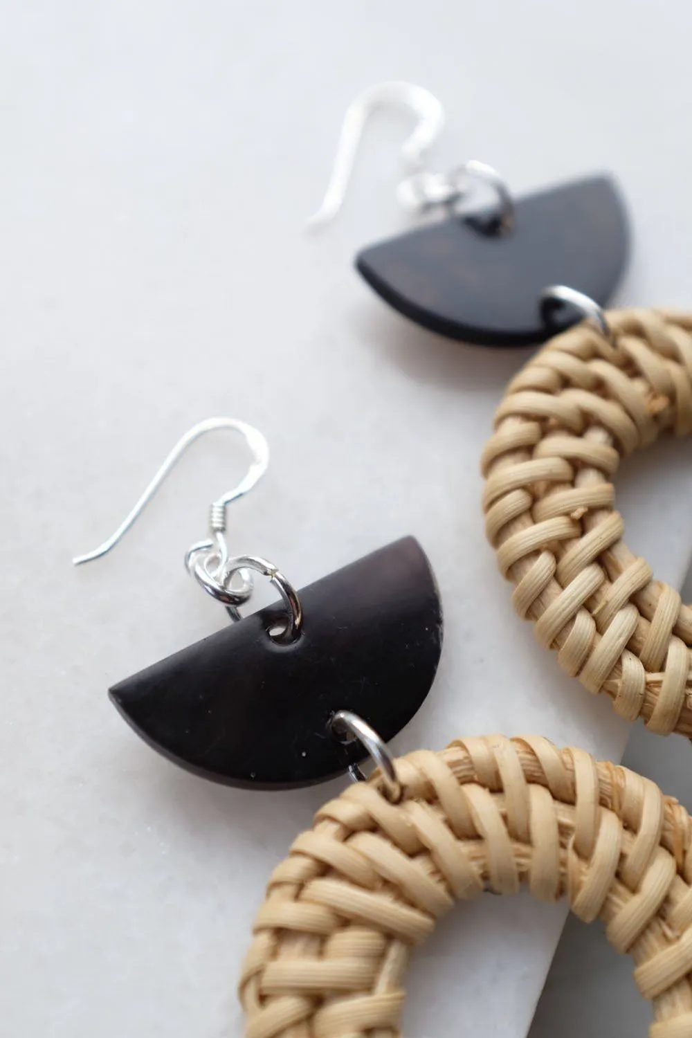 Ninh Binh Sterling Silver Rattan (Straw/Wicker) & Black Crescent Buffalo Horns Earrings