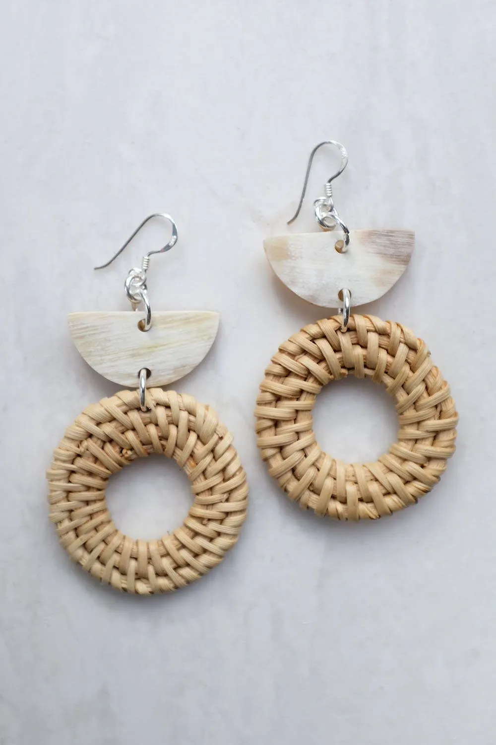 Ninh Binh Sterling Silver Rattan (Straw/Wicker) & Cream Crescent Buffalo Horns Earrings