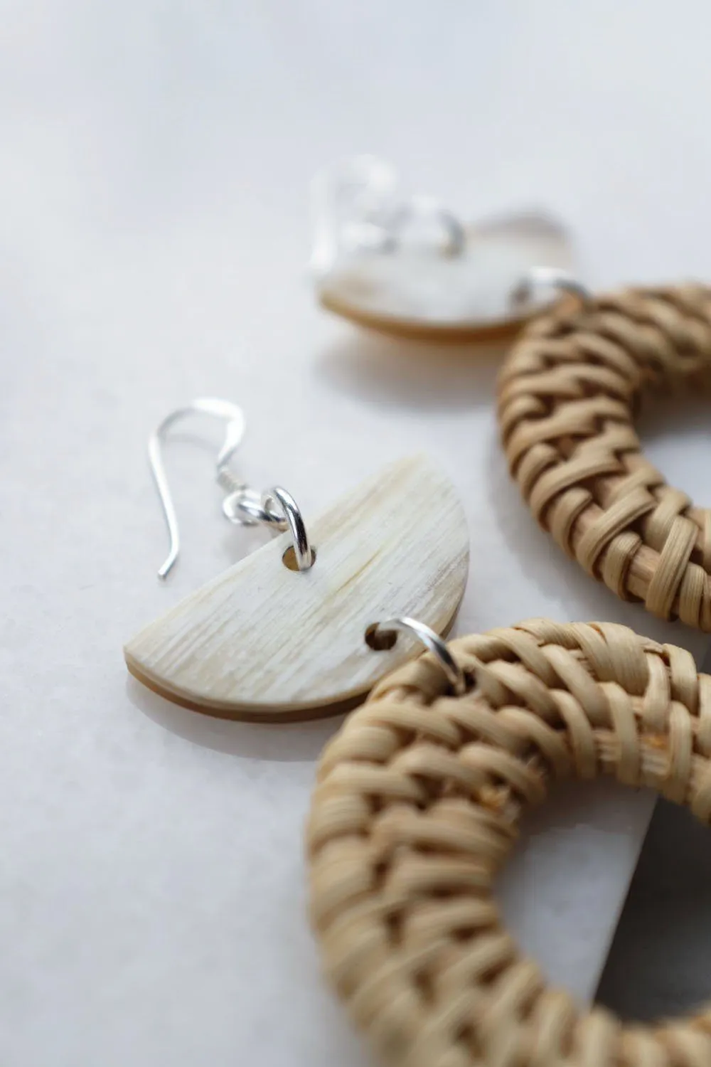 Ninh Binh Sterling Silver Rattan (Straw/Wicker) & Cream Crescent Buffalo Horns Earrings