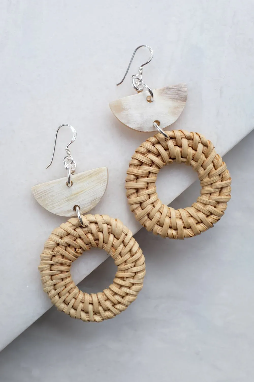 Ninh Binh Sterling Silver Rattan (Straw/Wicker) & Cream Crescent Buffalo Horns Earrings