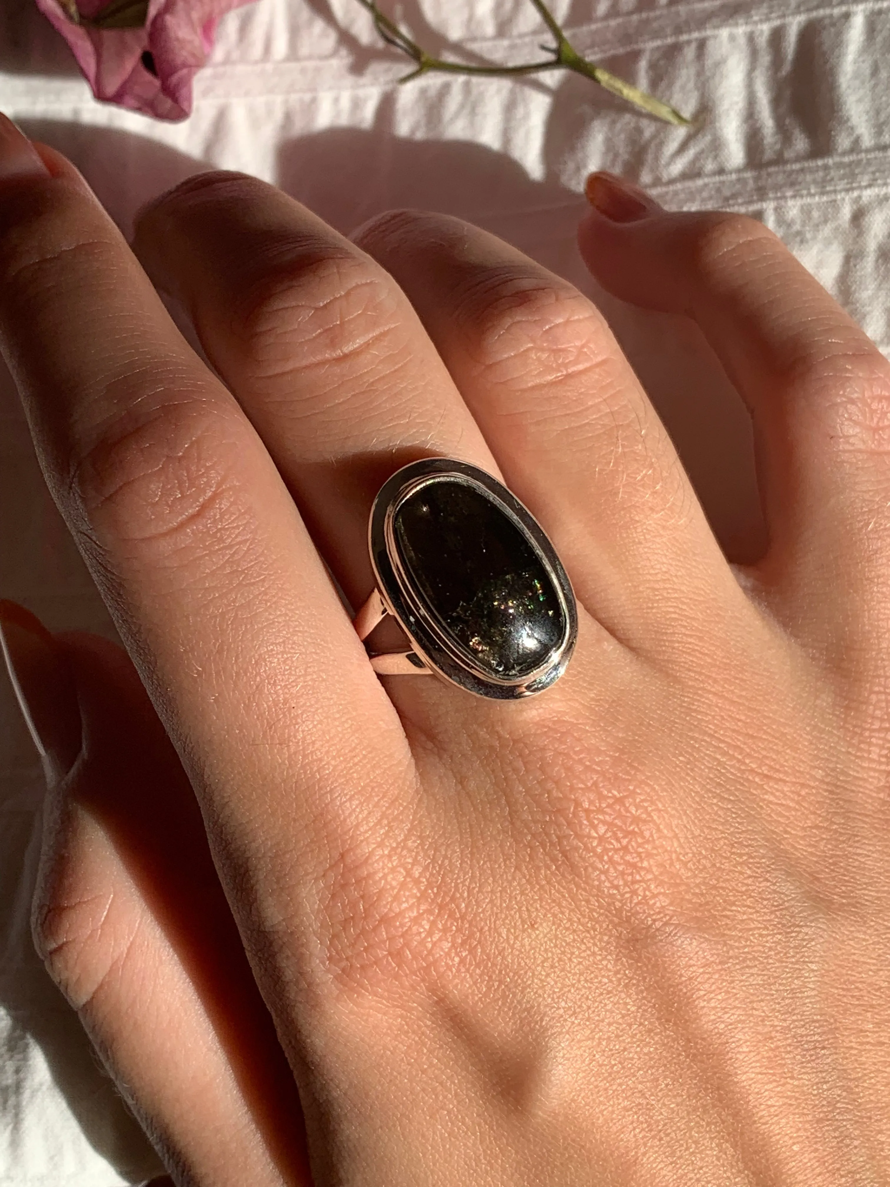 Olive Green Tourmaline Sylke Ring - Long Oval (US 8)