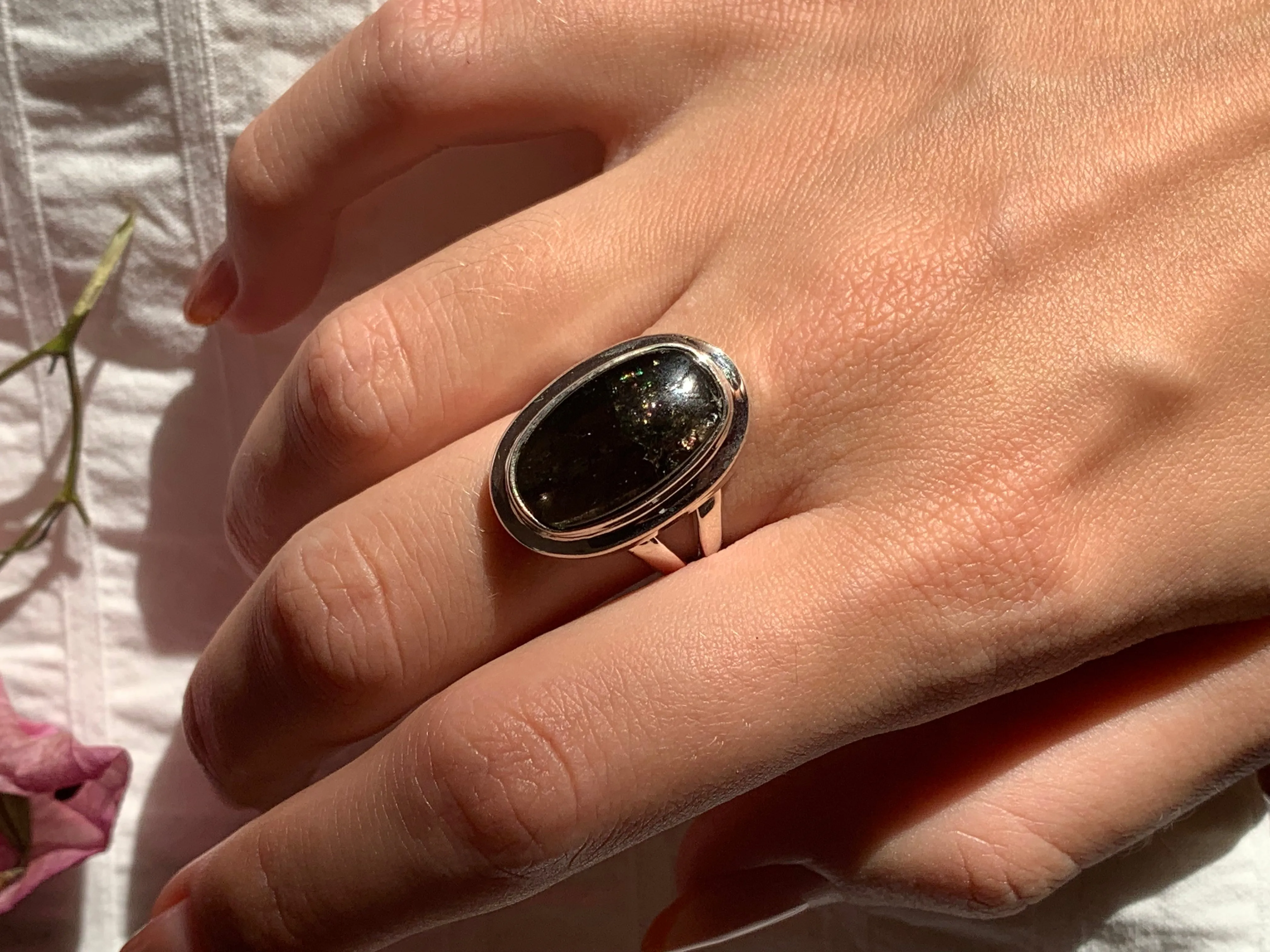 Olive Green Tourmaline Sylke Ring - Long Oval (US 8)